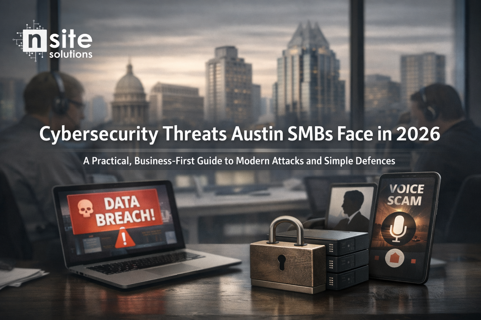 Austin small business cybersecurity concept with locks, network icons, and warning alerts. Cybersecurity threats Austin SMBs