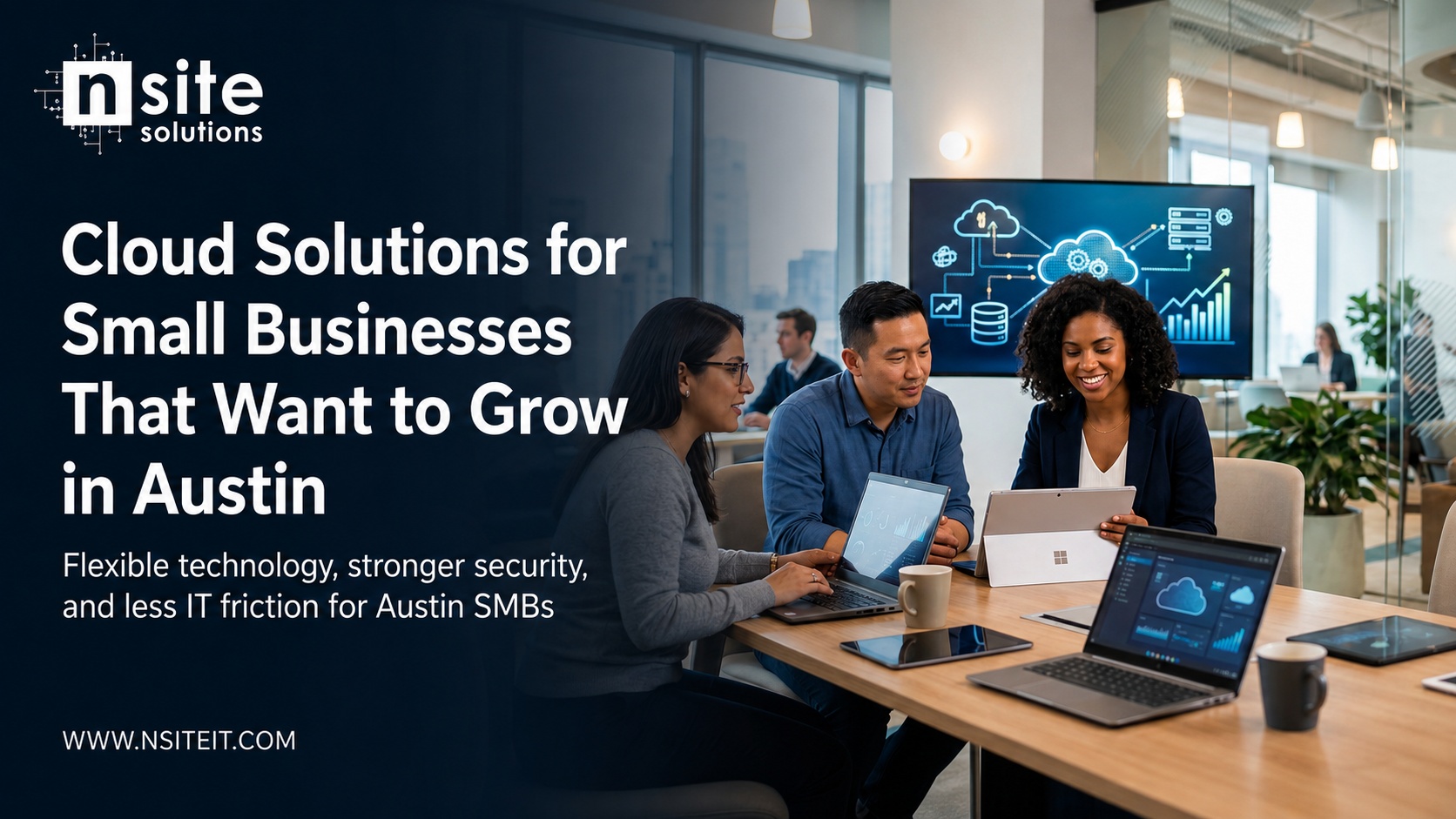 Austin small business team collaborating around laptops with cloud dashboards and security icons visible on screen. Cloud solutions for small businesses.