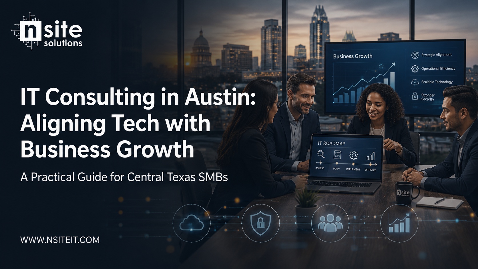 Austin small business leaders reviewing an IT consulting roadmap on a laptop - IT consulting in Austin