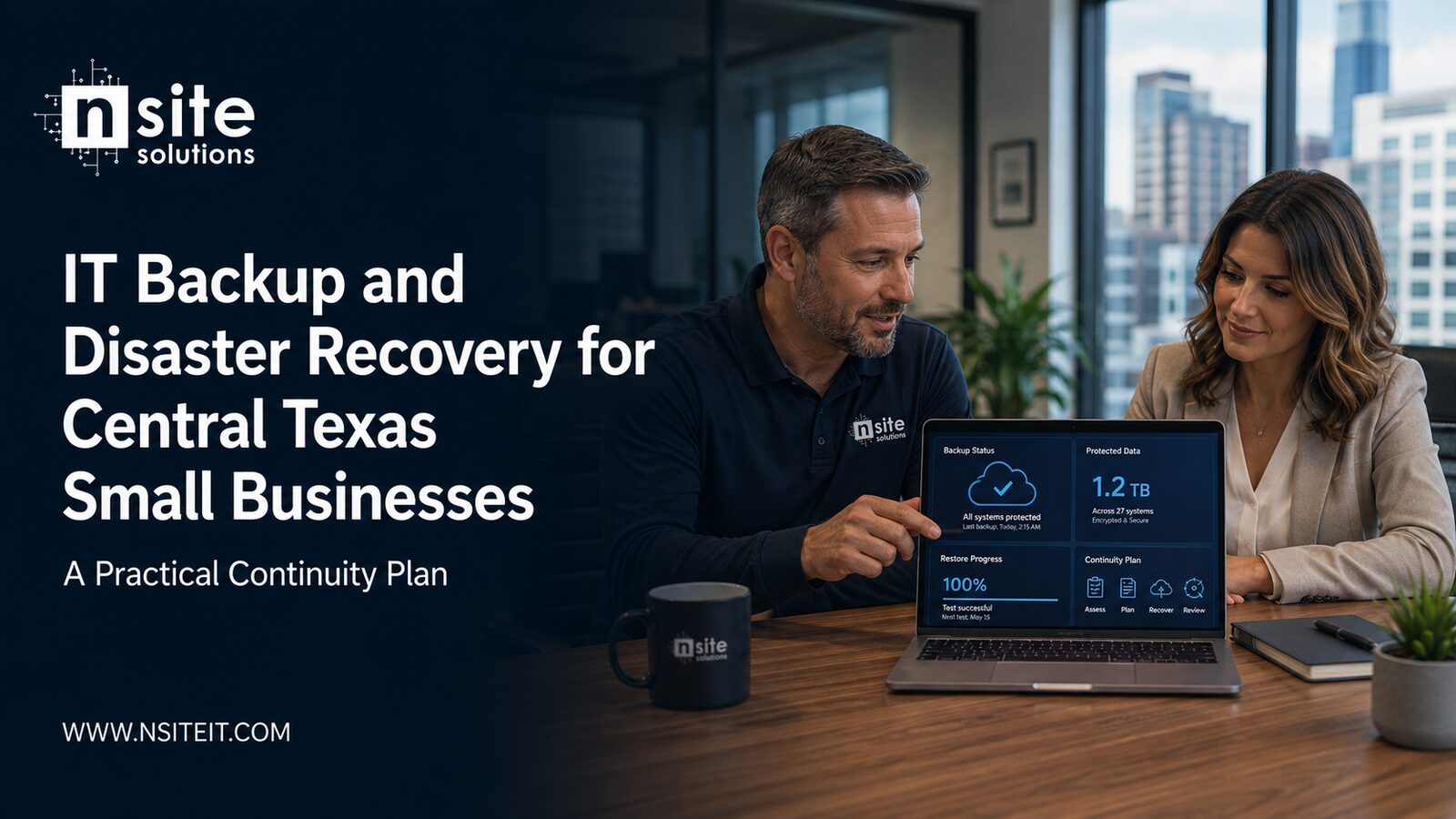 IT backup and disaster recovery for small businesses, shown as a Central Texas business owner reviewing a continuity plan with a managed IT advisor